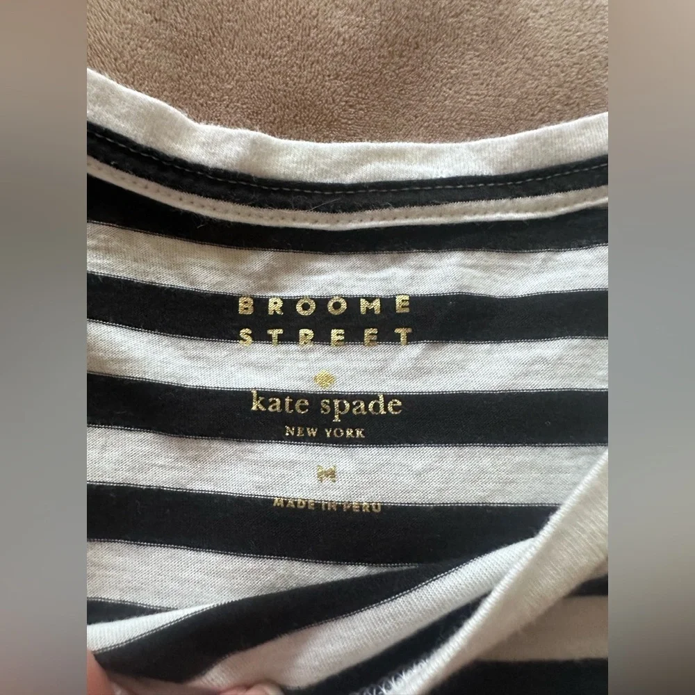Kate Spade Black and White Striped Tee with Red 'Extra Spicy' Design M